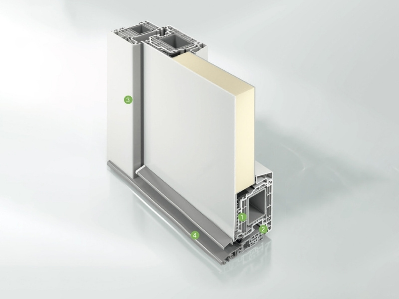 Profilo PVC Schüco LivIng 82 mm – 7 camere con rinforzi in acciaio Sezione trasversale profilo PVC Schüco LivIng a 7 camere con rinforzi in acciaio zincato nel telaio e nell'anta – tecnologia tedesca certificata