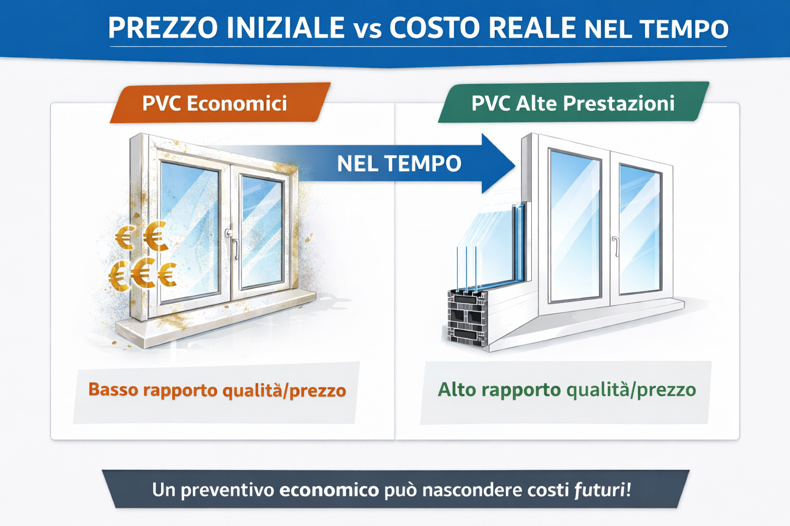 Prezzo iniziale vs costo reale nel tempo degli infissi in PVC Infissi in PVC economici vs infissi ad alte prestazioni nel tempo