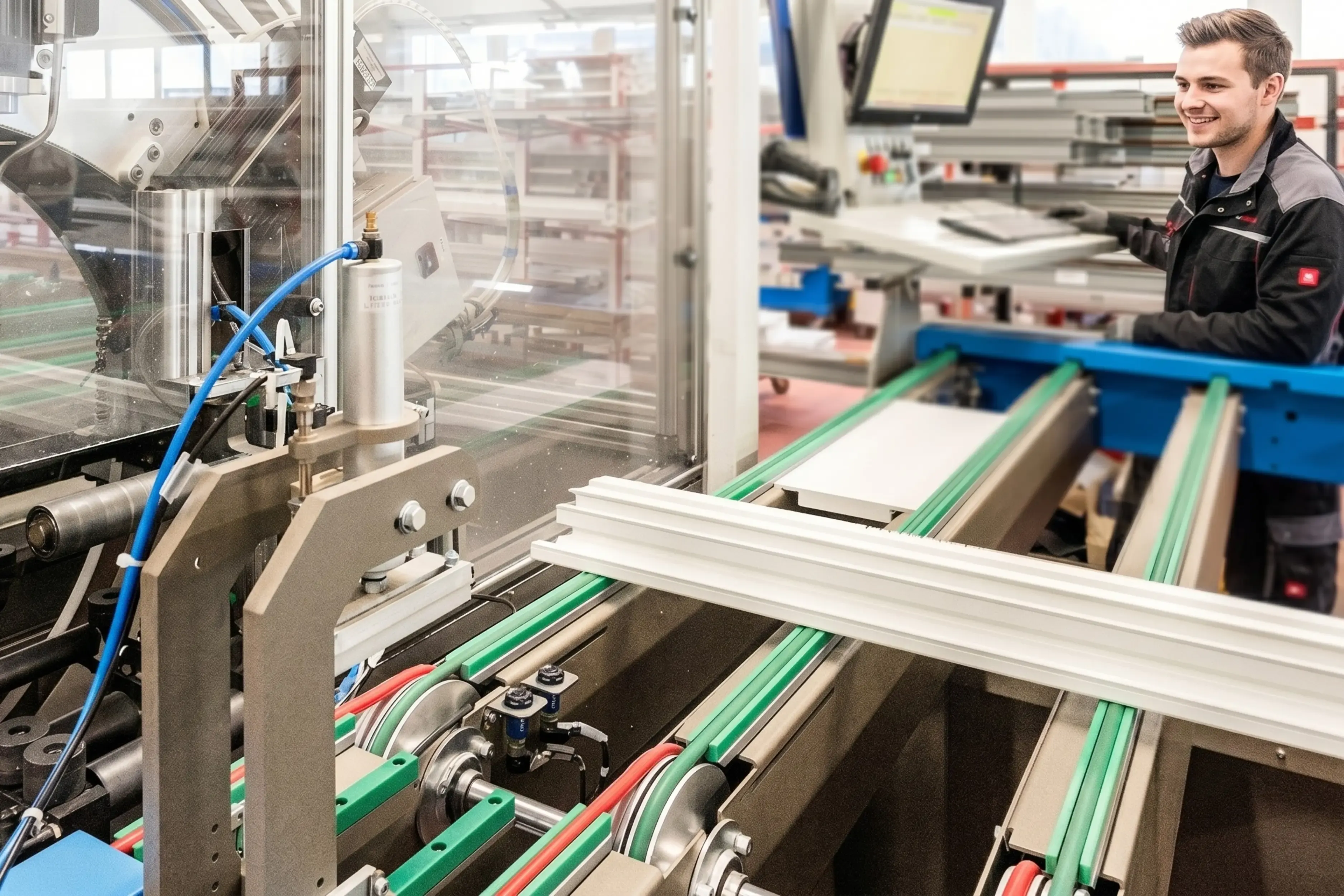 Tecnico Dolomites Infissi nello stabilimento di Longarone (Belluno) durante la lavorazione di profili in PVC.